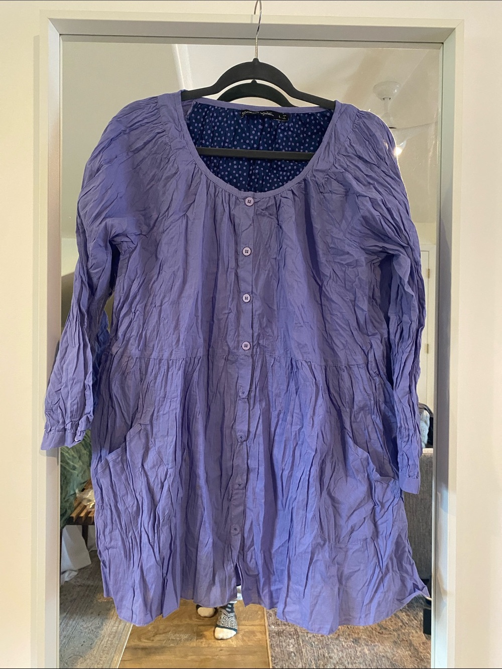 Gudrun SJODEN crinkle cotton blouse top purple long sleeve button front large